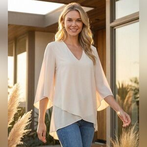 Karen Kane Women's Cream V-Neck Layered Flutter Sleeve Top